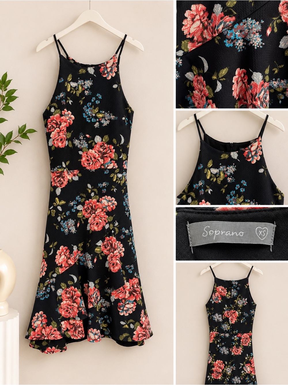 Soprano Black Floral Halter Dress with Coral and Blue Blooms